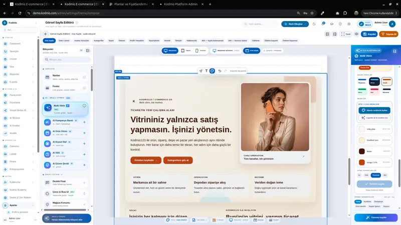 AI vitrin ve sayfa editörü — gerçek KODMIS paneli